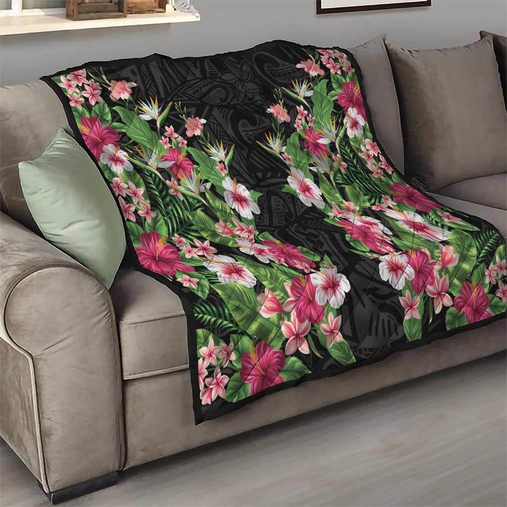 Hawaii Tropical Flowers Quilt Black Polynesian Tattoo Art