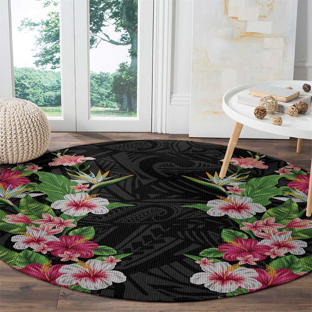Hawaii Tropical Flowers Round Carpet Black Polynesian Tattoo Art