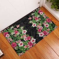 Hawaii Tropical Flowers Rubber Doormat Black Polynesian Tattoo Art