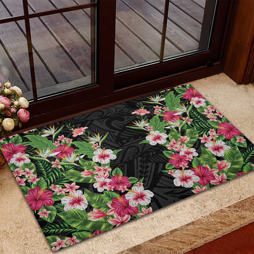 Hawaii Tropical Flowers Rubber Doormat Black Polynesian Tattoo Art