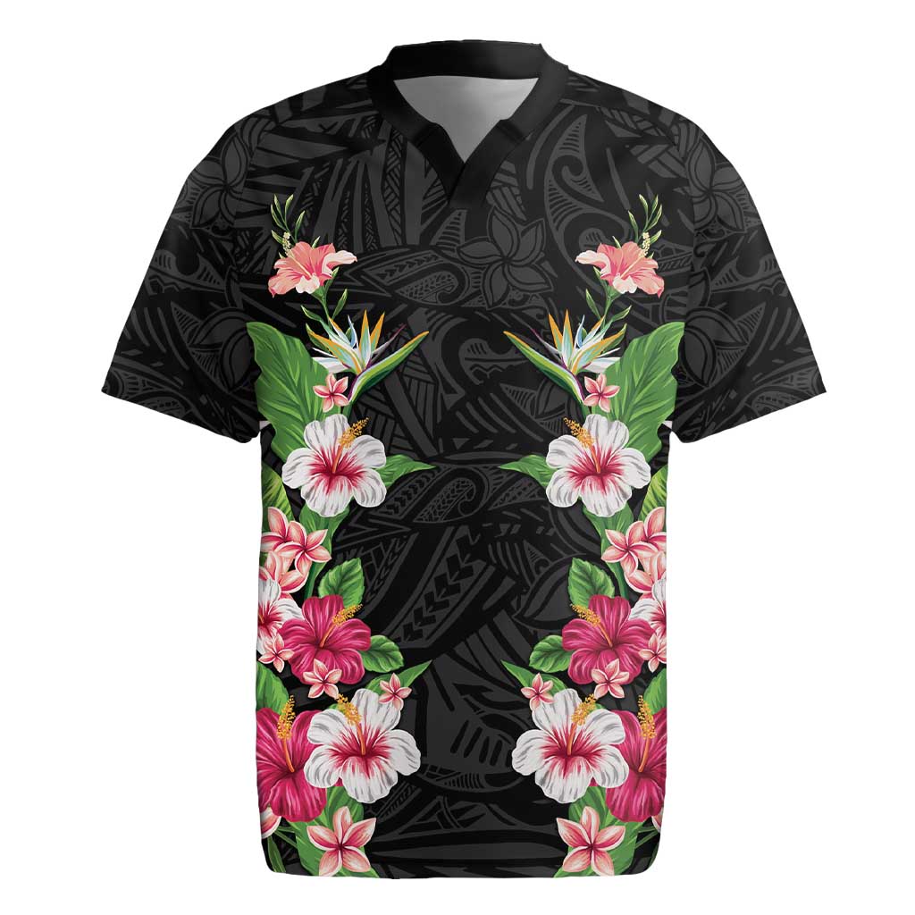 Hawaii Tropical Flowers Rugby Jersey Black Polynesian Tattoo Art