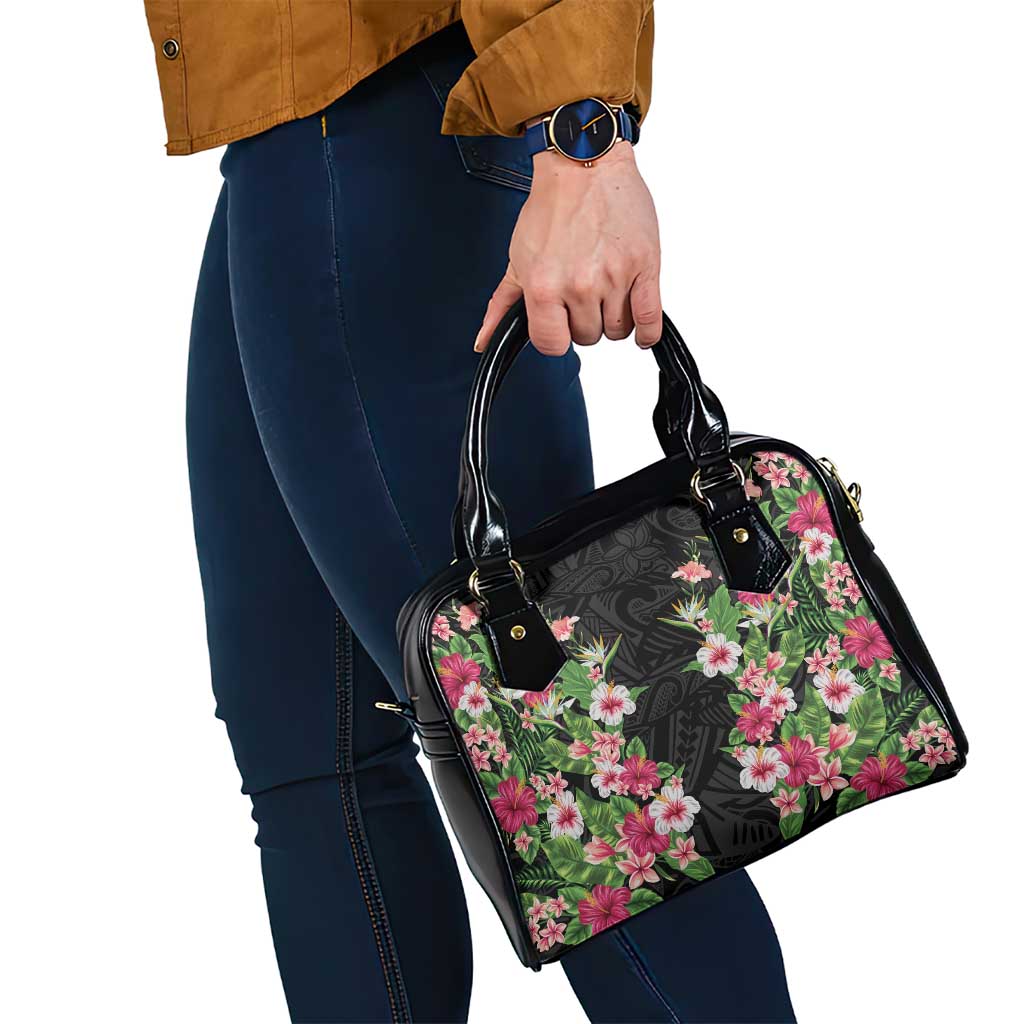 Hawaii Tropical Flowers Shoulder Handbag Black Polynesian Tattoo Art