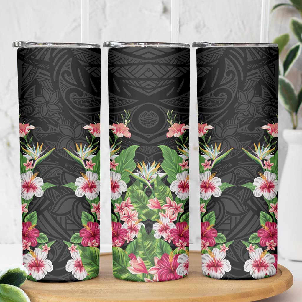 Hawaii Tropical Flowers Skinny Tumbler Black Polynesian Tattoo Art