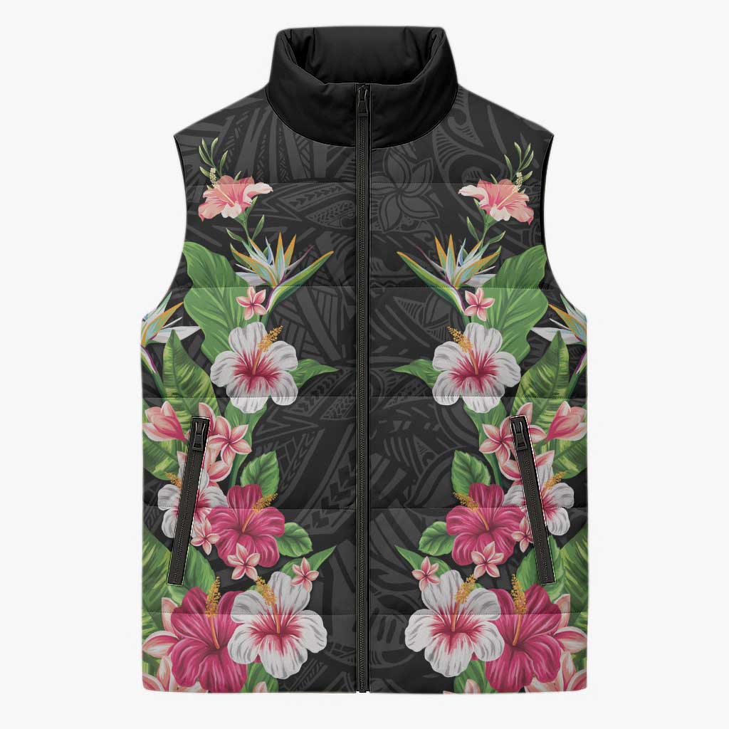 Hawaii Tropical Flowers Sleeveless Puffer Jacket Black Polynesian Tattoo Art