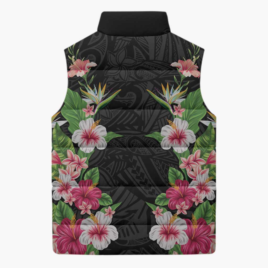 Hawaii Tropical Flowers Sleeveless Puffer Jacket Black Polynesian Tattoo Art