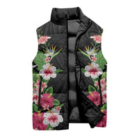 Hawaii Tropical Flowers Sleeveless Puffer Jacket Black Polynesian Tattoo Art