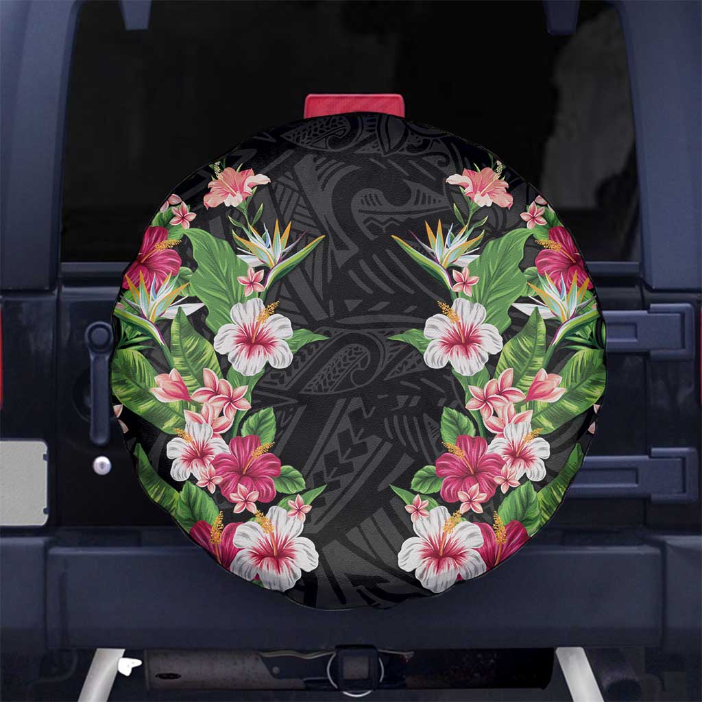 Hawaii Tropical Flowers Spare Tire Cover Black Polynesian Tattoo Art
