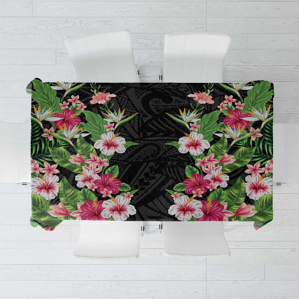 Hawaii Tropical Flowers Tablecloth Black Polynesian Tattoo Art