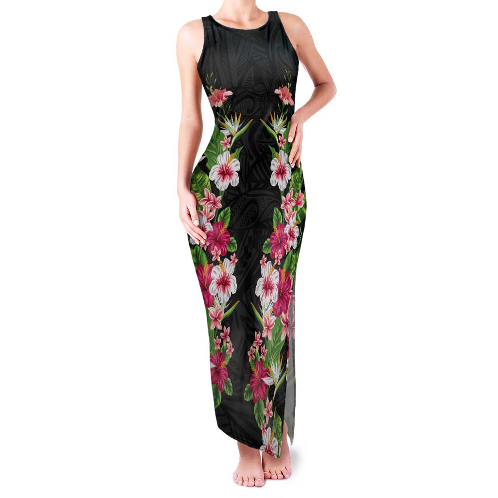 Hawaii Tropical Flowers Tank Maxi Dress Black Polynesian Tattoo Art