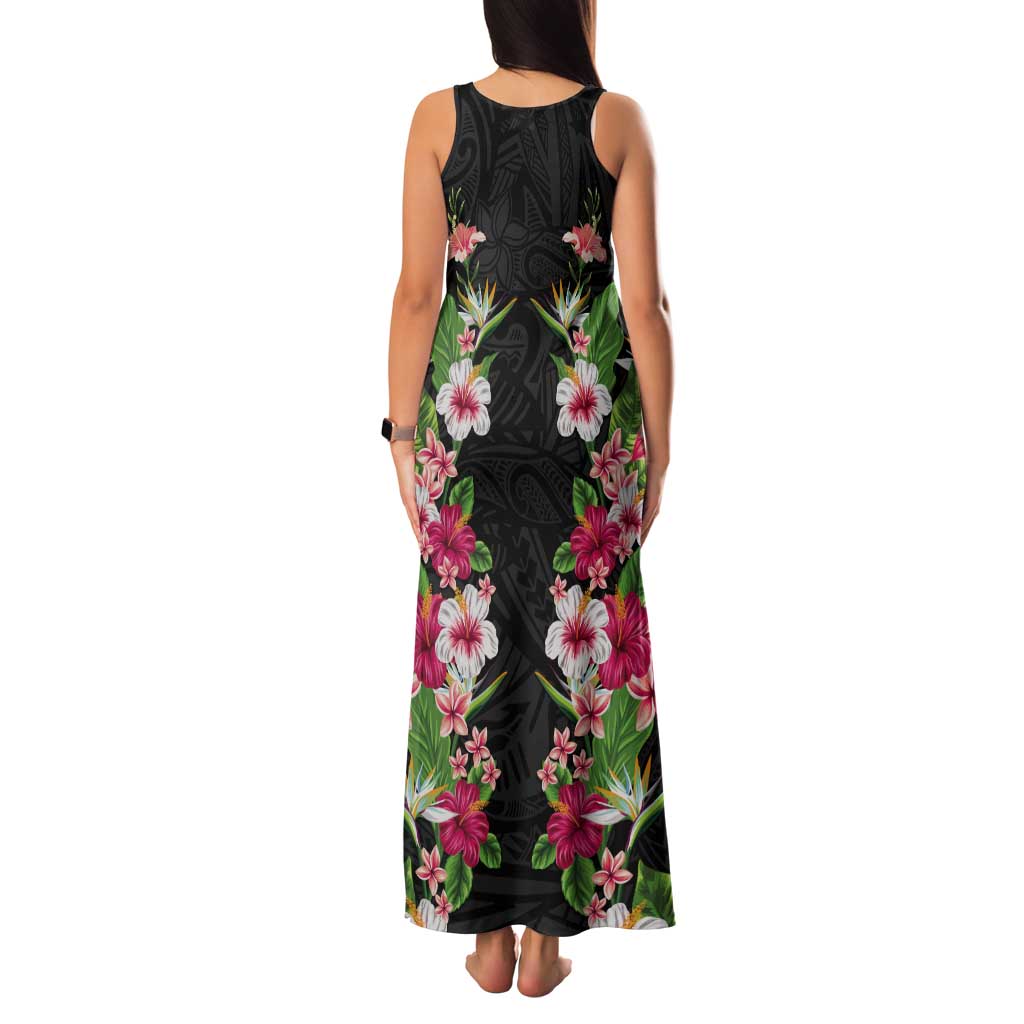 Hawaii Tropical Flowers Tank Maxi Dress Black Polynesian Tattoo Art