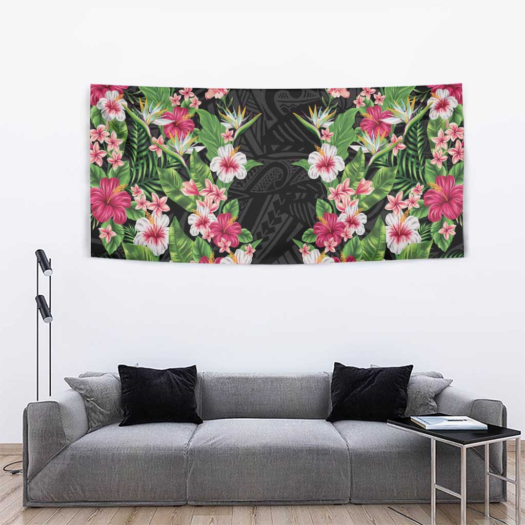 Hawaii Tropical Flowers Tapestry Black Polynesian Tattoo Art