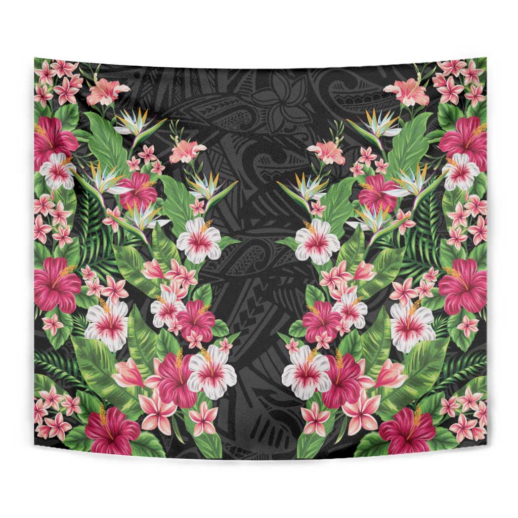 Hawaii Tropical Flowers Tapestry Black Polynesian Tattoo Art