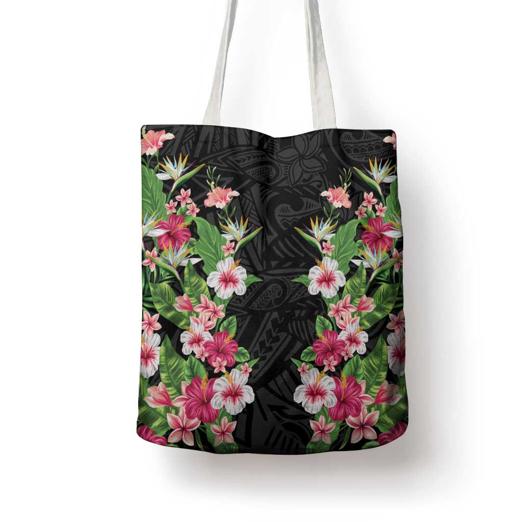 Hawaii Tropical Flowers Tote Bag Black Polynesian Tattoo Art