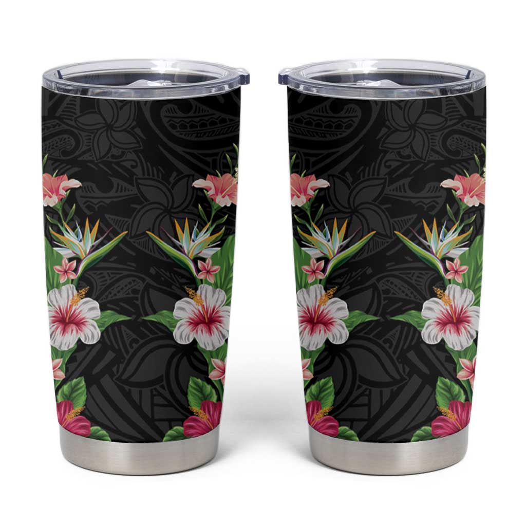 Hawaii Tropical Flowers Tumbler Cup Black Polynesian Tattoo Art