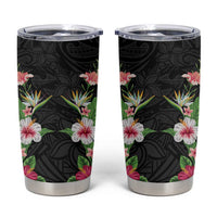 Hawaii Tropical Flowers Tumbler Cup Black Polynesian Tattoo Art