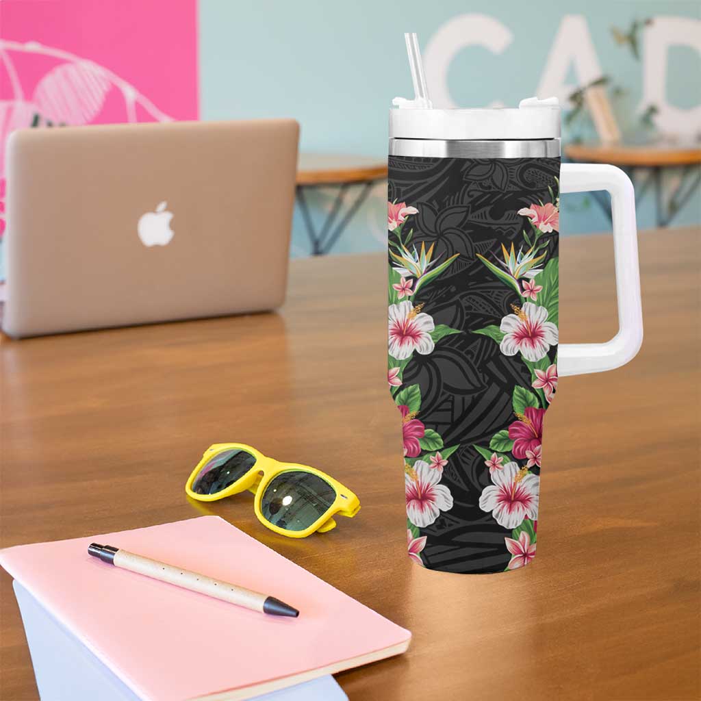 Hawaii Tropical Flowers Tumbler With Handle Black Polynesian Tattoo Art
