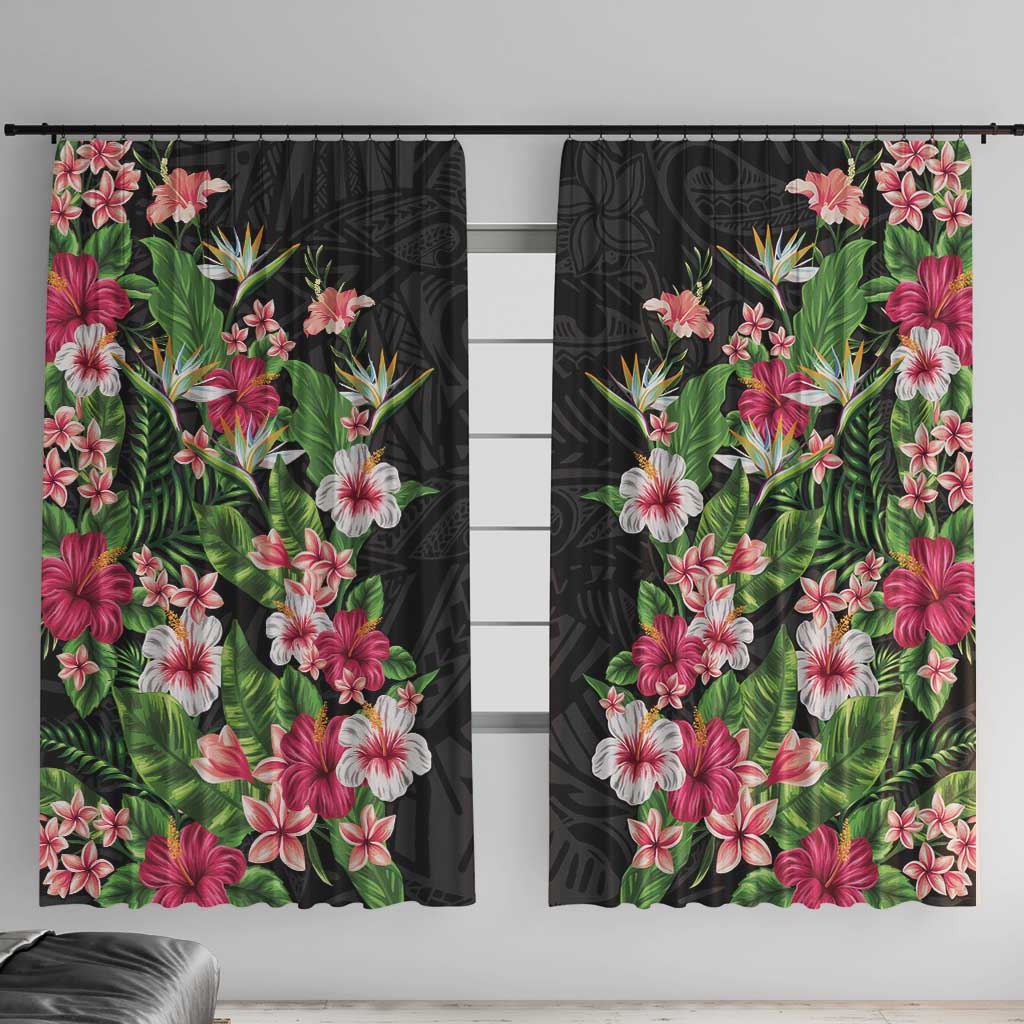 Hawaii Tropical Flowers Window Curtain Black Polynesian Tattoo Art