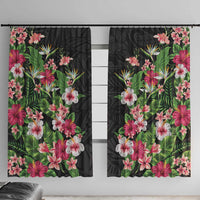 Hawaii Tropical Flowers Window Curtain Black Polynesian Tattoo Art