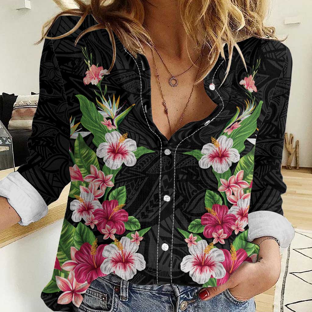 Hawaii Tropical Flowers Women Casual Shirt Black Polynesian Tattoo Art