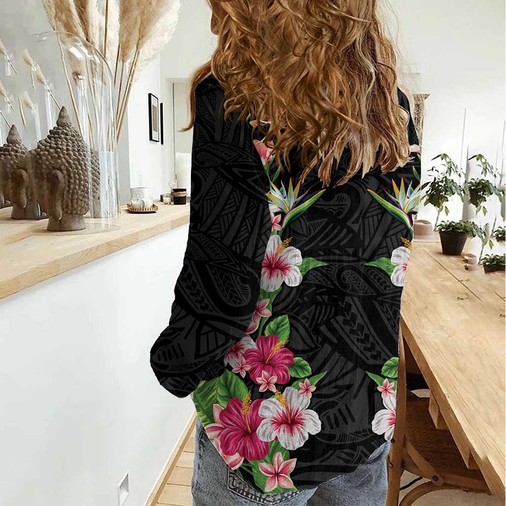 Hawaii Tropical Flowers Women Casual Shirt Black Polynesian Tattoo Art