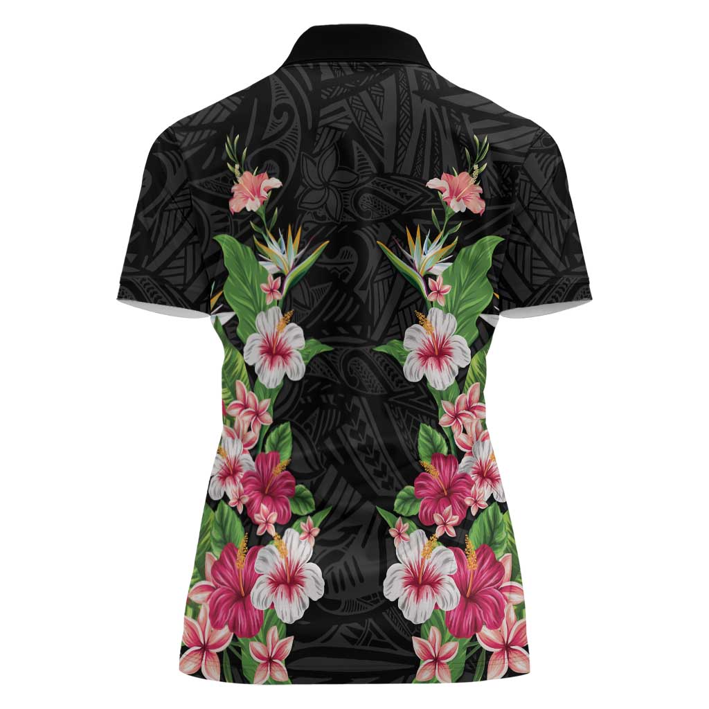 Hawaii Tropical Flowers Women Polo Shirt Black Polynesian Tattoo Art