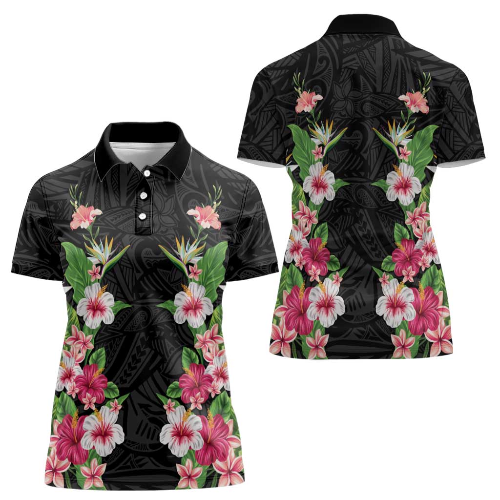 Hawaii Tropical Flowers Women Polo Shirt Black Polynesian Tattoo Art