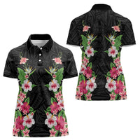 Hawaii Tropical Flowers Women Polo Shirt Black Polynesian Tattoo Art