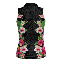 Hawaii Tropical Flowers Women Sleeveless Polo Shirt Black Polynesian Tattoo Art LT05 - Polynesian Pride