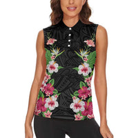 Hawaii Tropical Flowers Women Sleeveless Polo Shirt Black Polynesian Tattoo Art LT05 - Polynesian Pride