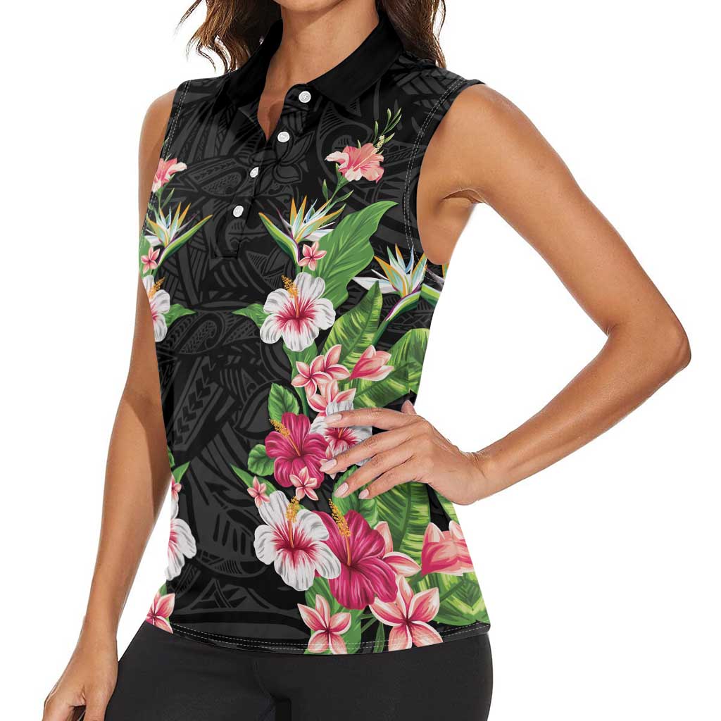 Hawaii Tropical Flowers Women Sleeveless Polo Shirt Black Polynesian Tattoo Art LT05 - Polynesian Pride