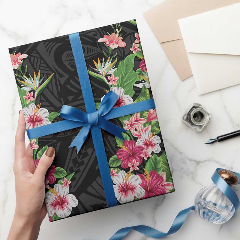 Hawaii Tropical Flowers Wrapping Paper Black Polynesian Tattoo Art