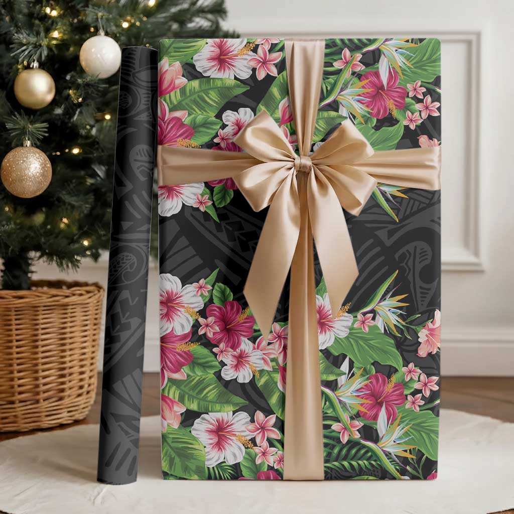 Hawaii Tropical Flowers Wrapping Paper Black Polynesian Tattoo Art