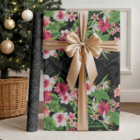 Hawaii Tropical Flowers Wrapping Paper Black Polynesian Tattoo Art