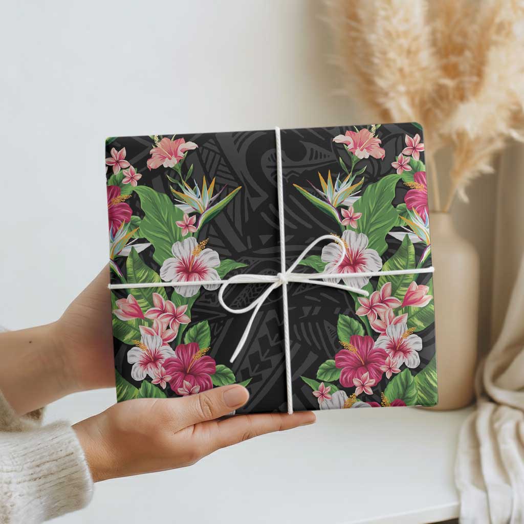 Hawaii Tropical Flowers Wrapping Paper Black Polynesian Tattoo Art