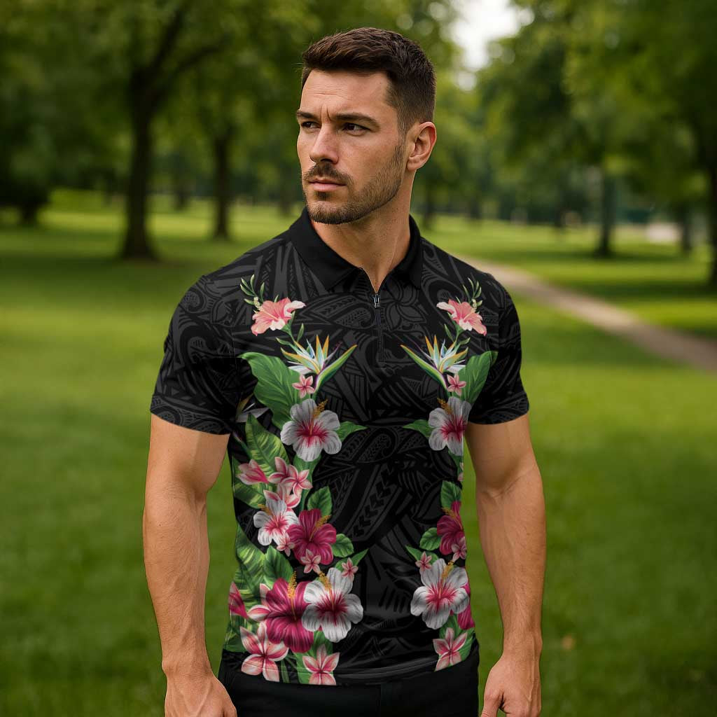 Hawaii Tropical Flowers Zipper Polo Shirt Black Polynesian Tattoo Art