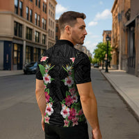Hawaii Tropical Flowers Zipper Polo Shirt Black Polynesian Tattoo Art