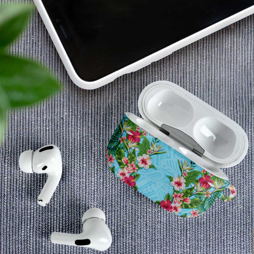 Hawaii Tropical Flowers AirPods Case Sky Blue Polynesian Tattoo Art