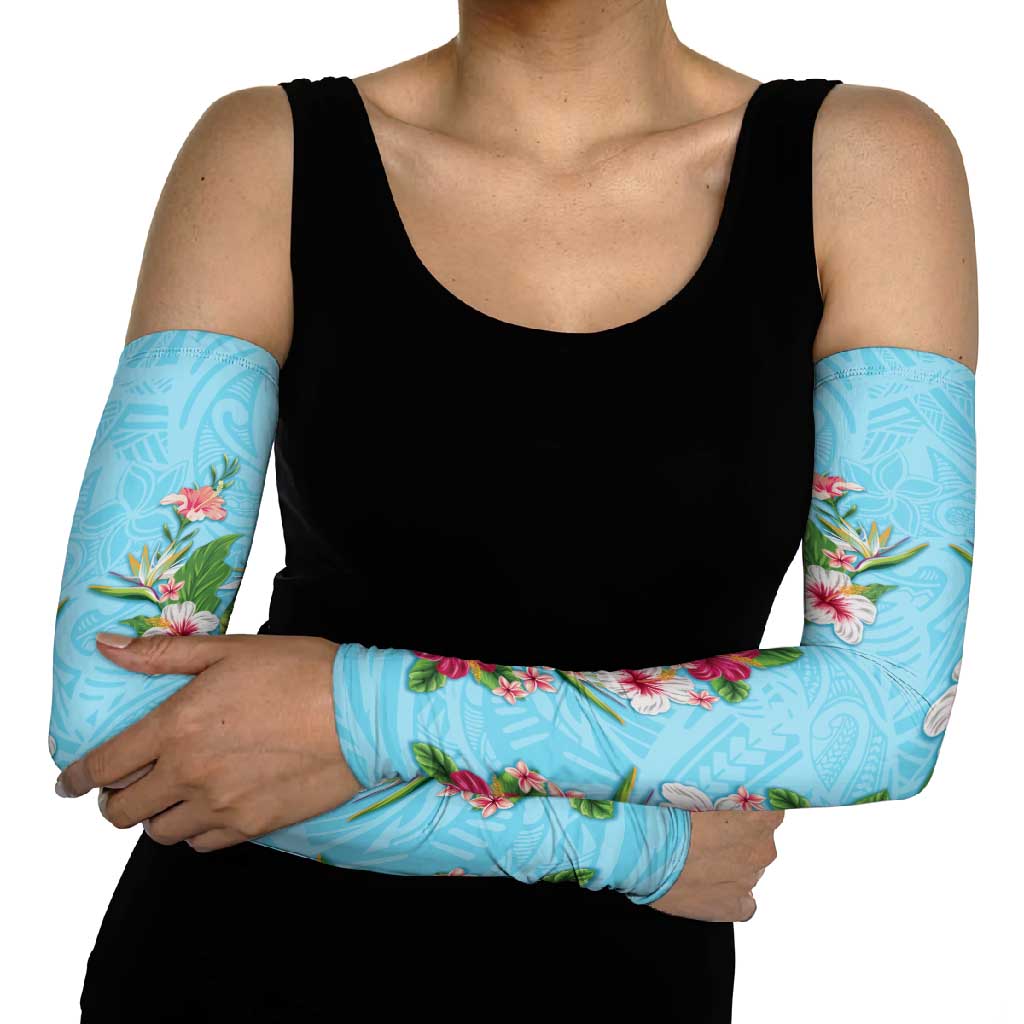 Hawaii Tropical Flowers Arm Sleeves Sky Blue Polynesian Tattoo Art