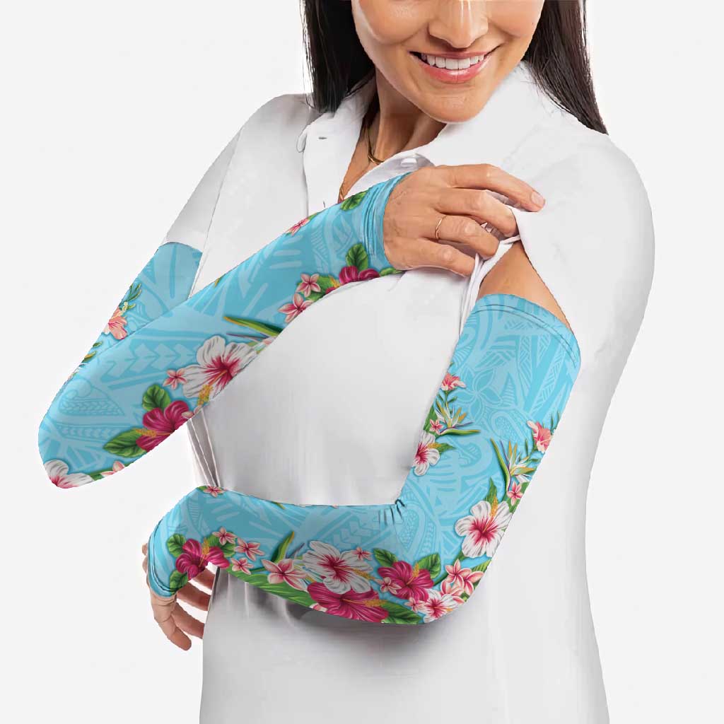 Hawaii Tropical Flowers Arm Sleeves Sky Blue Polynesian Tattoo Art