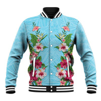 Hawaii Tropical Flowers Baseball Jacket Sky Blue Polynesian Tattoo Art