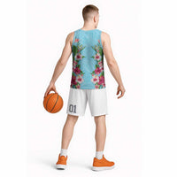 Hawaii Tropical Flowers Basketball Jersey Sky Blue Polynesian Tattoo Art