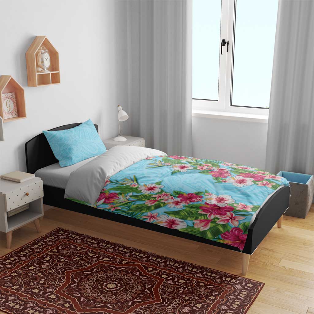 Hawaii Tropical Flowers Bedding Set Sky Blue Polynesian Tattoo Art