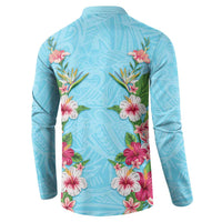 Hawaii Tropical Flowers Button Sweatshirt Sky Blue Polynesian Tattoo Art