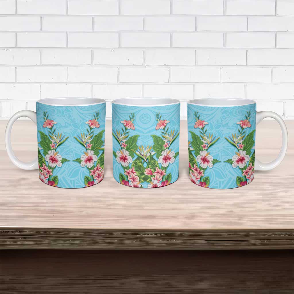 Hawaii Tropical Flowers Ceramic Mug Sky Blue Polynesian Tattoo Art