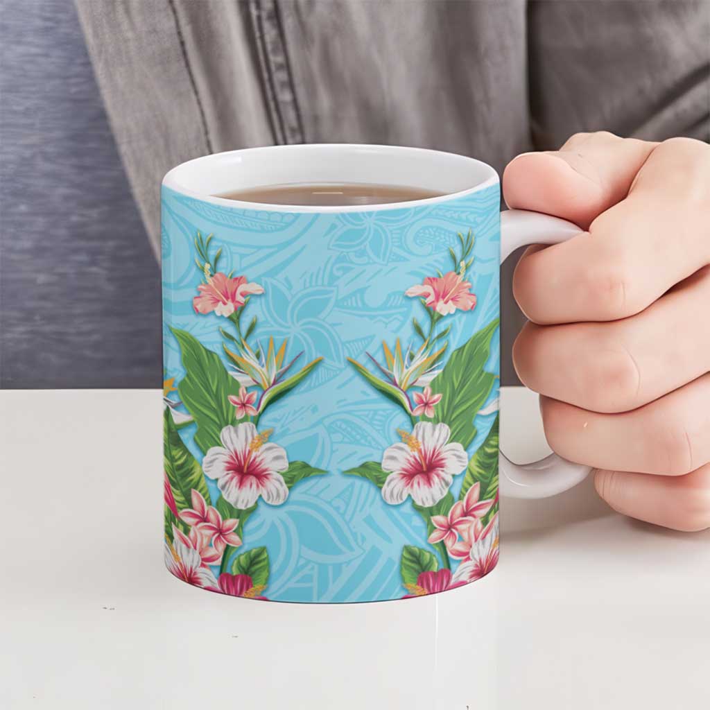 Hawaii Tropical Flowers Ceramic Mug Sky Blue Polynesian Tattoo Art