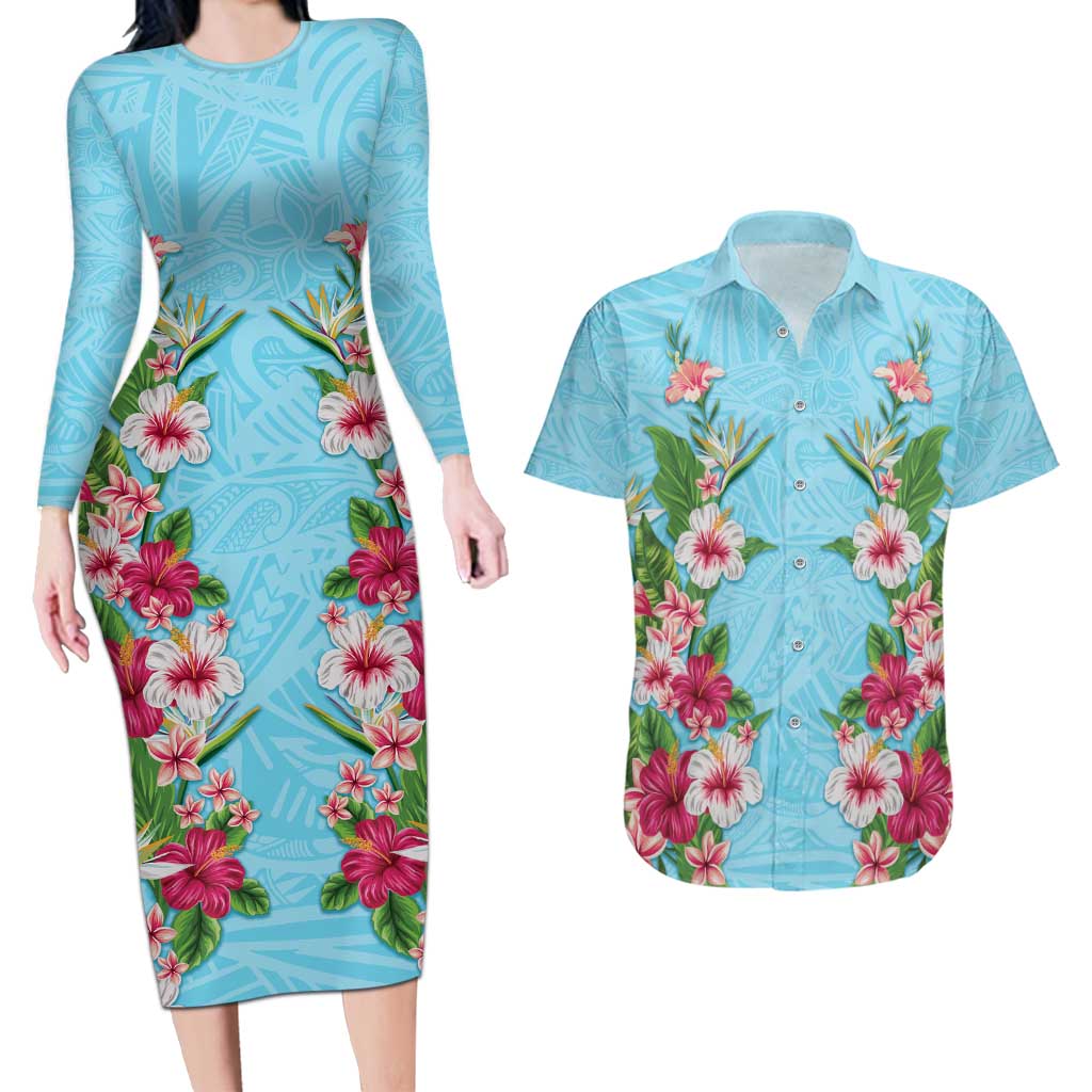 Hawaii Tropical Flowers Couples Matching Long Sleeve Bodycon Dress and Hawaiian Shirt Sky Blue Polynesian Tattoo Art LT05 Blue - Polynesian Pride
