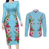 Hawaii Tropical Flowers Couples Matching Long Sleeve Bodycon Dress and Long Sleeve Button Shirt Sky Blue Polynesian Tattoo Art LT05 Blue - Polynesian Pride