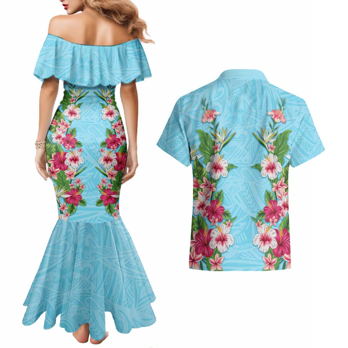 Hawaii Tropical Flowers Couples Matching Mermaid Dress and Hawaiian Shirt Sky Blue Polynesian Tattoo Art LT05 - Polynesian Pride