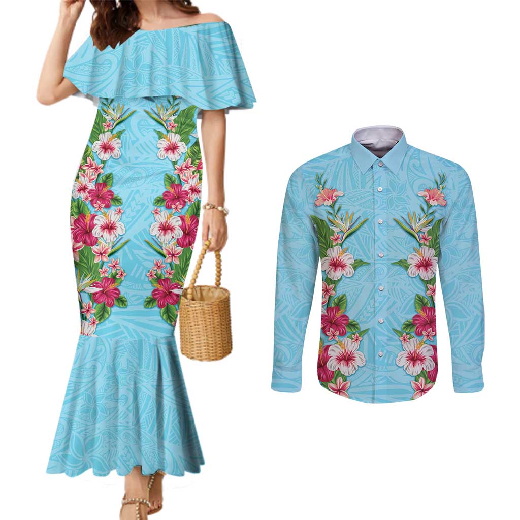 Hawaii Tropical Flowers Couples Matching Mermaid Dress and Long Sleeve Button Shirt Sky Blue Polynesian Tattoo Art LT05 Blue - Polynesian Pride