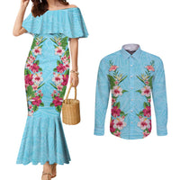 Hawaii Tropical Flowers Couples Matching Mermaid Dress and Long Sleeve Button Shirt Sky Blue Polynesian Tattoo Art LT05 Blue - Polynesian Pride
